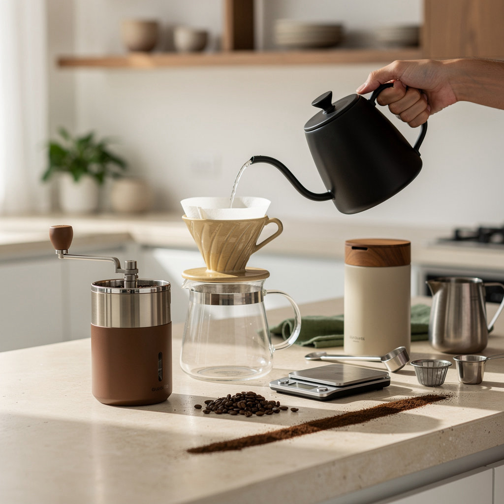 Cool Beans Coffee premium brewing accessories including grinders, pour-over equipment, and filters for specialty coffee preparation